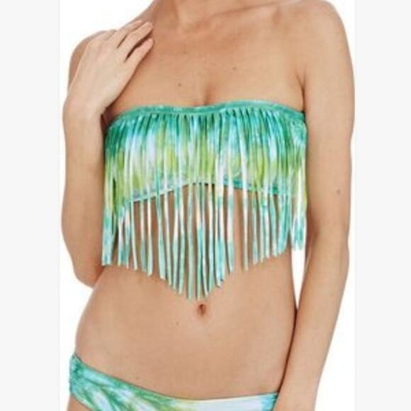 Lucky Brand M Summer Time Tie Dye Fringe Bandeau Bikini Top Swimsuit Green Boho - Picture 2 of 10